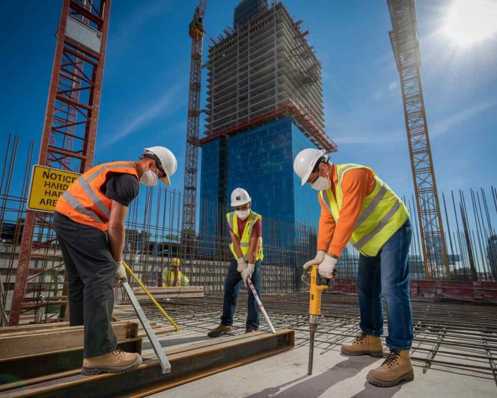 Workers in PPE gear at a construction site demonstrating safety certification courses practices