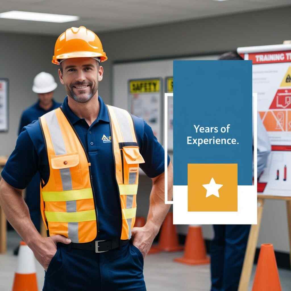 Experienced safety trainer in PPE standing confidently in a classroom setting for safety certification courses.