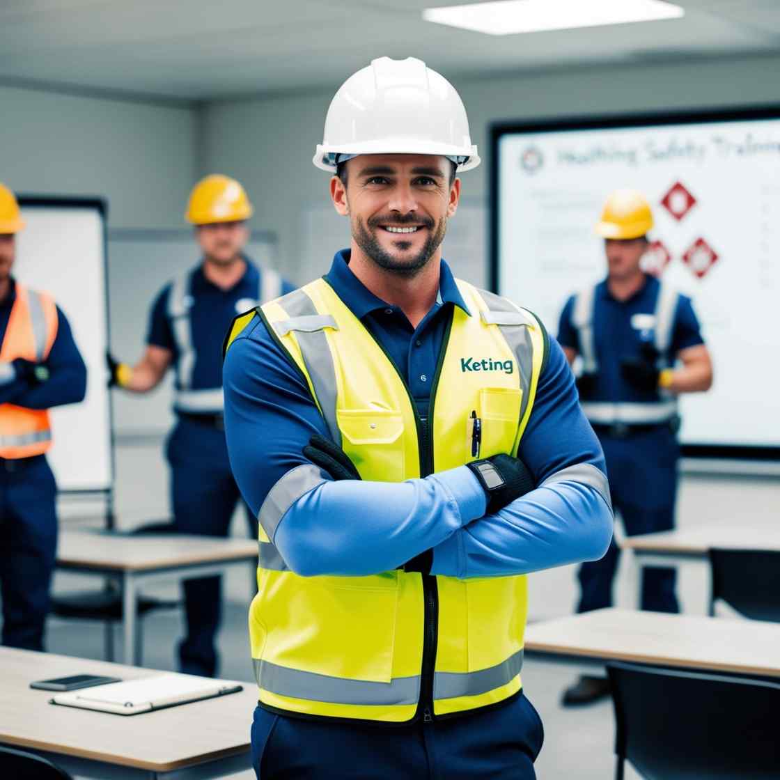 Smiling safety instructor in PPE at a classroom training session for safety certification courses.